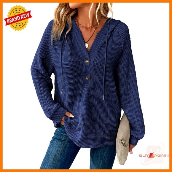 Tops - Waffle Knit Oversized Pullover Hoodie V Neck Drawstring Casual Chic Sweatshirt